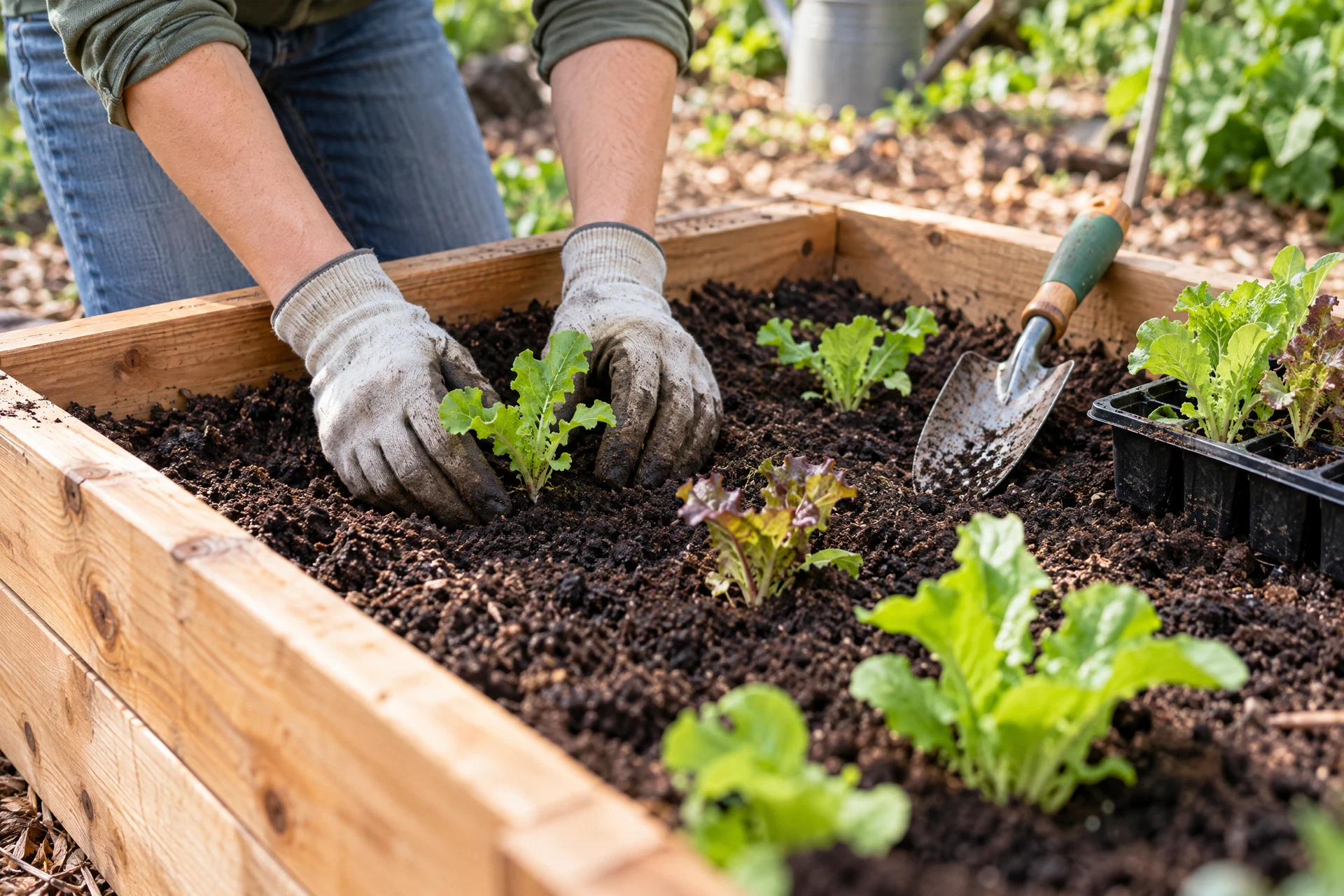 Hands planting lettuce seedlings in a cedar raised garden bed