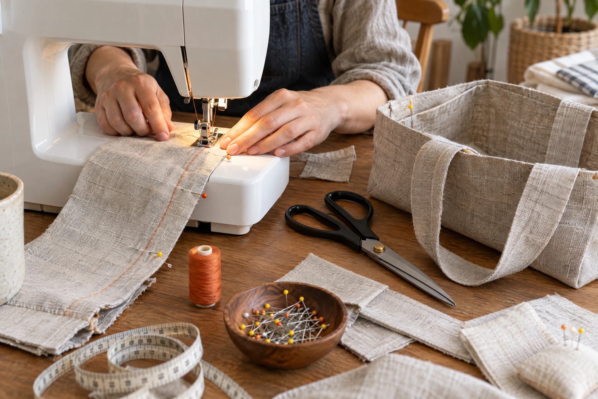 Hands guiding linen fabric under a sewing machine needle